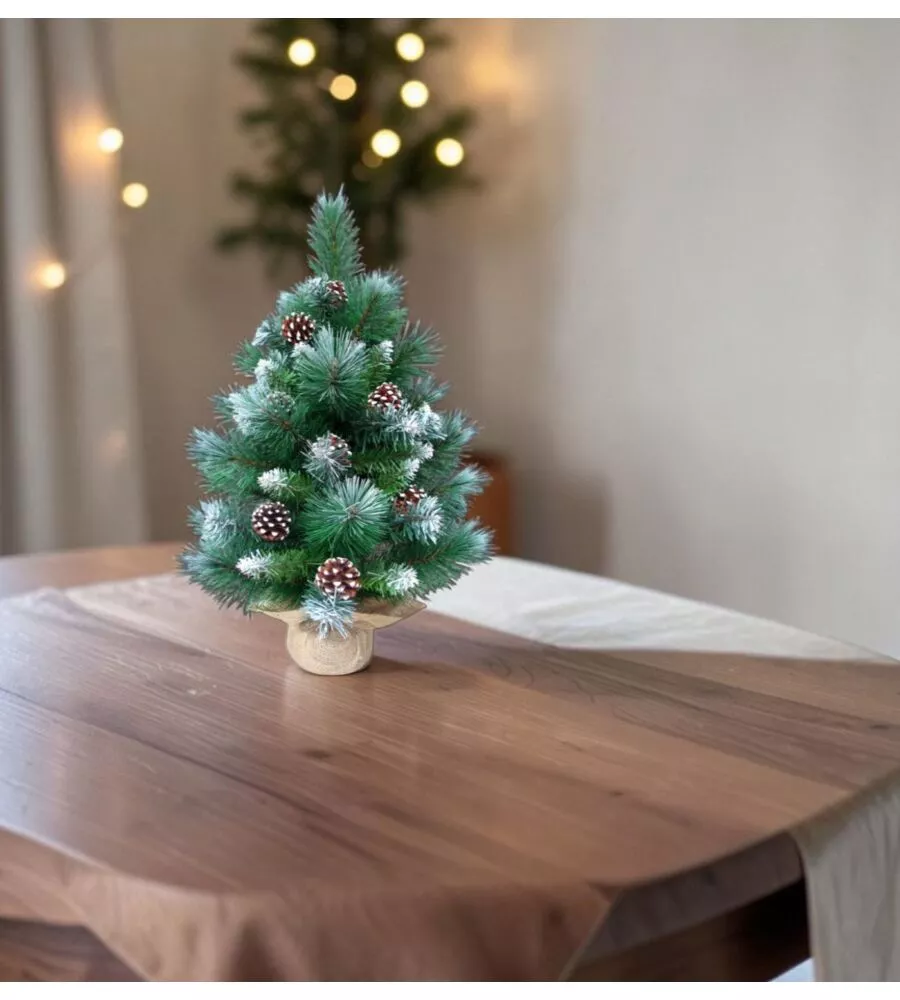 Alberino da appoggio "Xmas Joy" innevato con pigne 55 rametti 60 cm