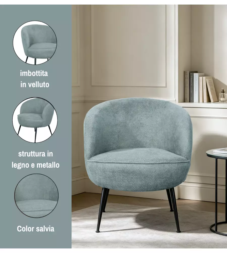 Poltroncina Bellahome "Nora" in velluto salvia 63x69x70 cm