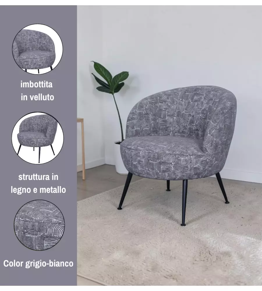 Poltroncina Bellahome "Nora" in velluto fantasia bianco e grigio 63x69x70 cm