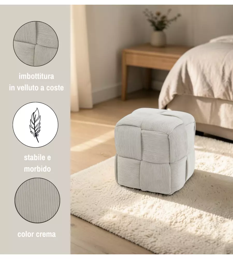 Pouf intrecciato Bellahome velluto a coste beige 44x44x40 cm