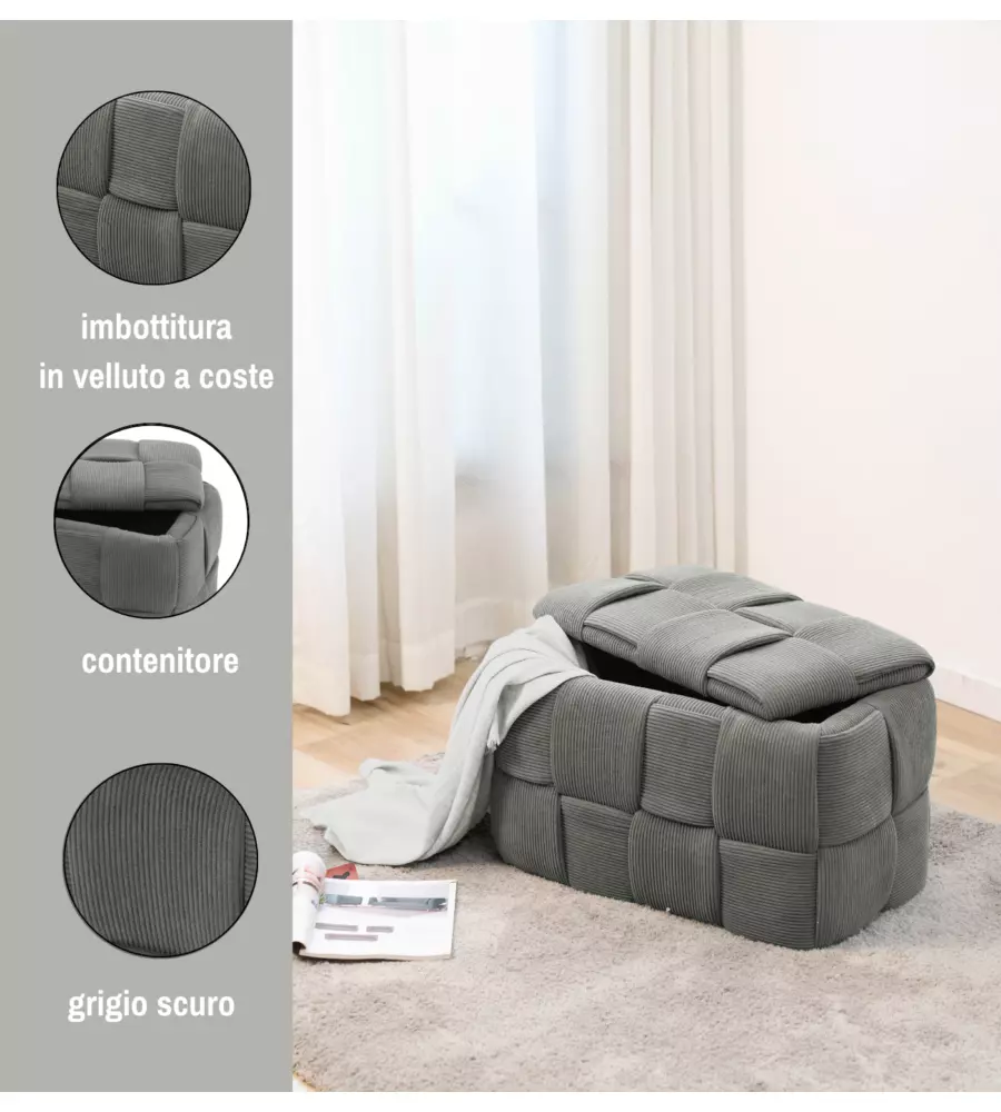 Panchina contenitore intrecciata Bellahome grigio scuro 60x36x38 cm