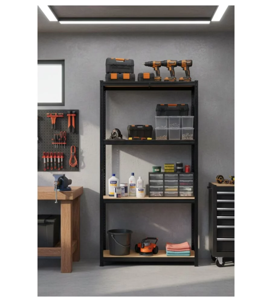 Scaffale 4 ripiani in metallo Essenza nero portata 600 kg 80x40x162 cm