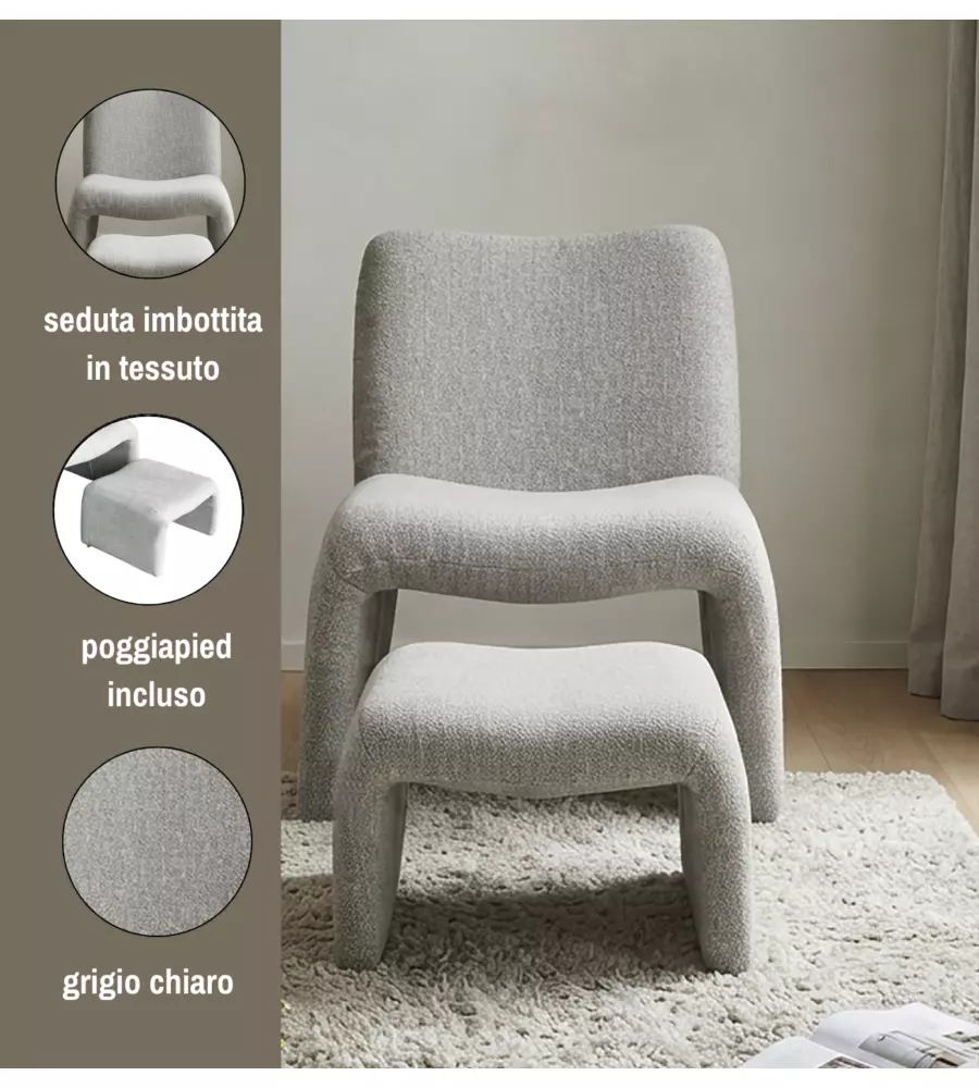 Poltrona con pouf coordinato Bellahome "Elsa" grigio chiaro