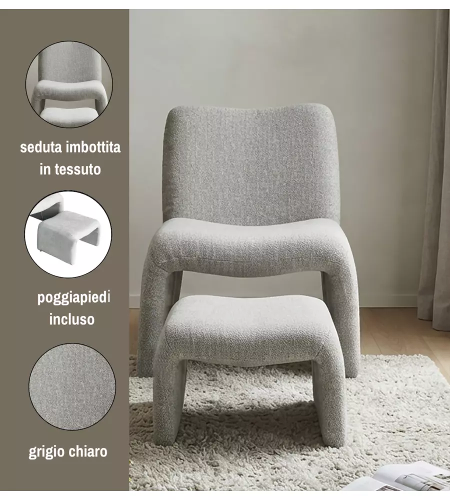 Poltrona con pouf coordinato Bellahome "Elsa" grigio chiaro