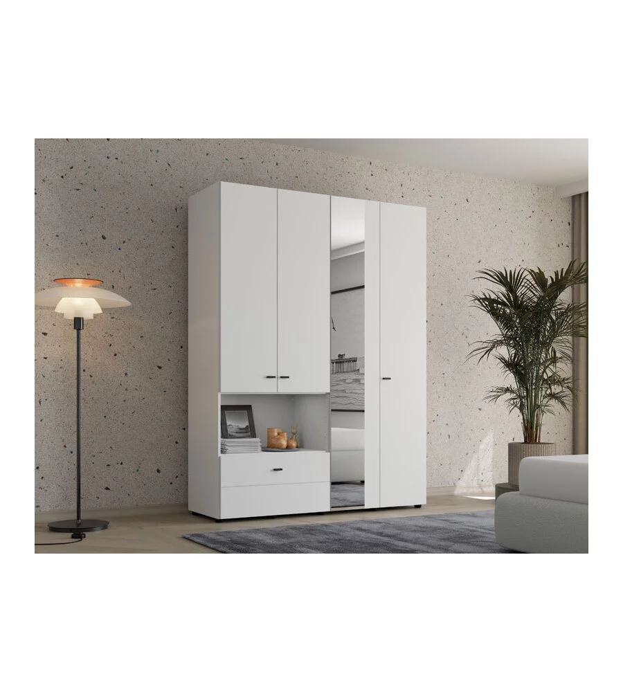 Armadio 4 ante battenti con specchio BellaHome "Carpi" bianco 155x52x207,5 cm