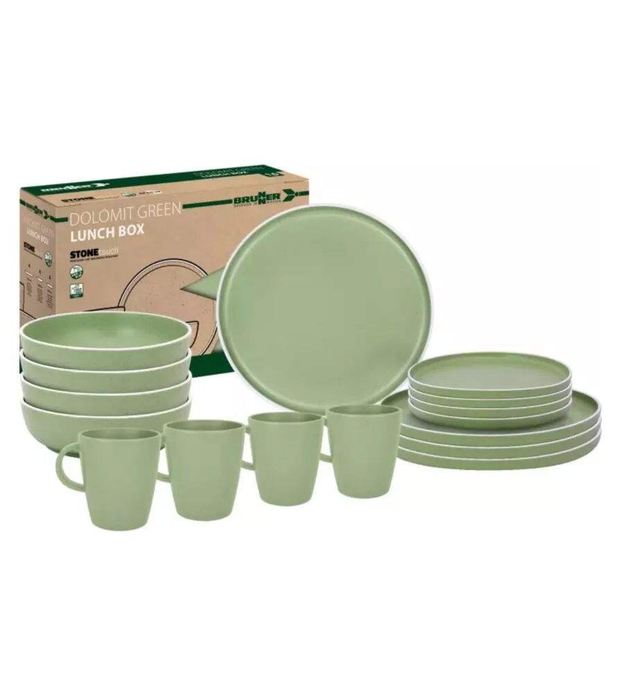 Set 16 stoviglie da campeggio Brunner "Lunch Box Dolomit" in melamina verde