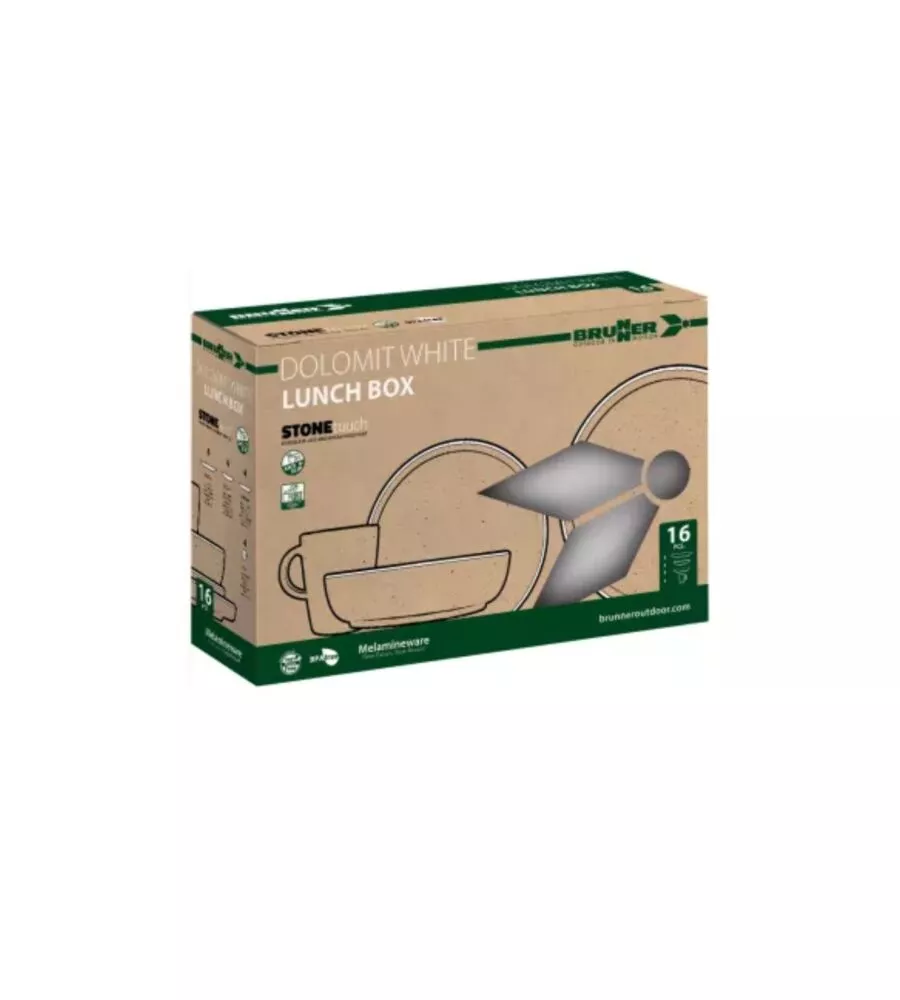 Set 16 stoviglie da campeggio Brunner "Lunch Box Dolomit" in melamina bianco