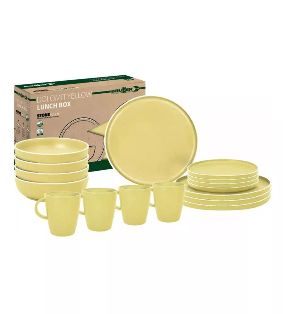 Set 16 stoviglie da campeggio Brunner "Lunch Box Dolomit" in melamina giallo
