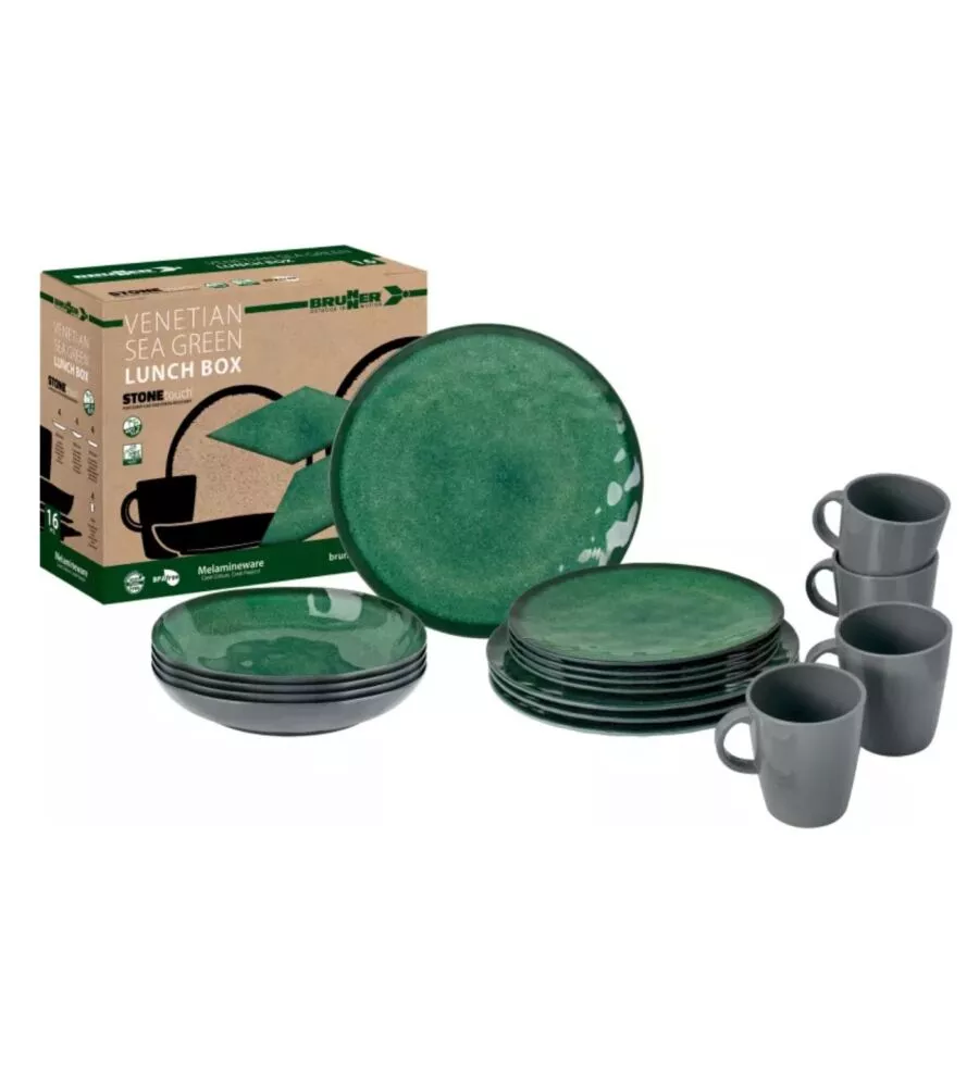 Set 16 stoviglie da campeggio Brunner "Lunch Box Sea Green" in melamina verde