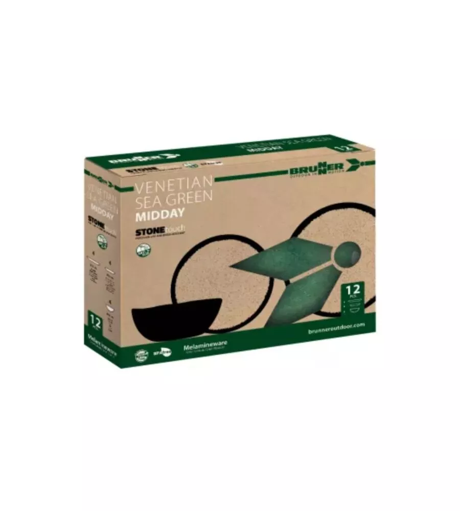 Set 12 stoviglie da campeggio Brunner "Midday Sea Green" in melamina verde