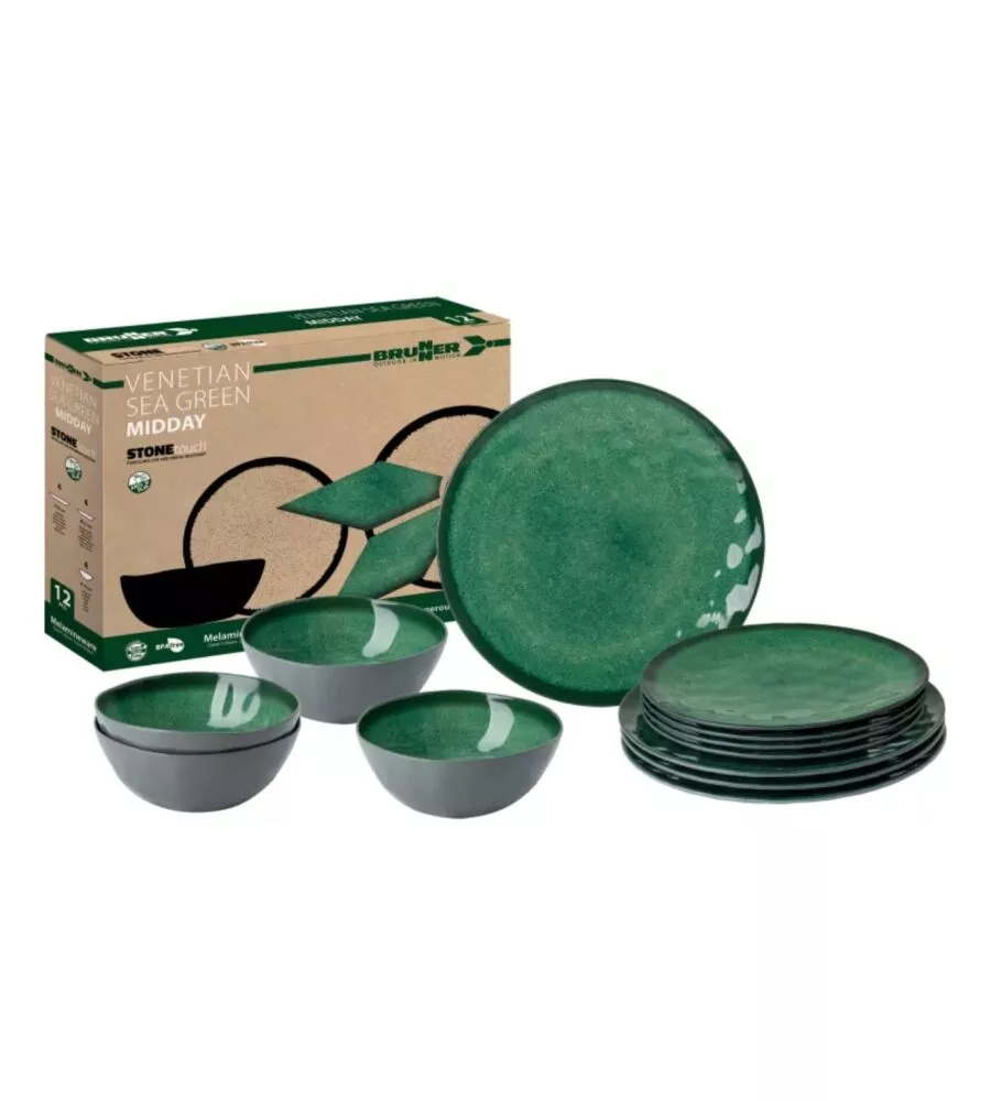Set 12 stoviglie da campeggio Brunner "Midday Sea Green" in melamina verde