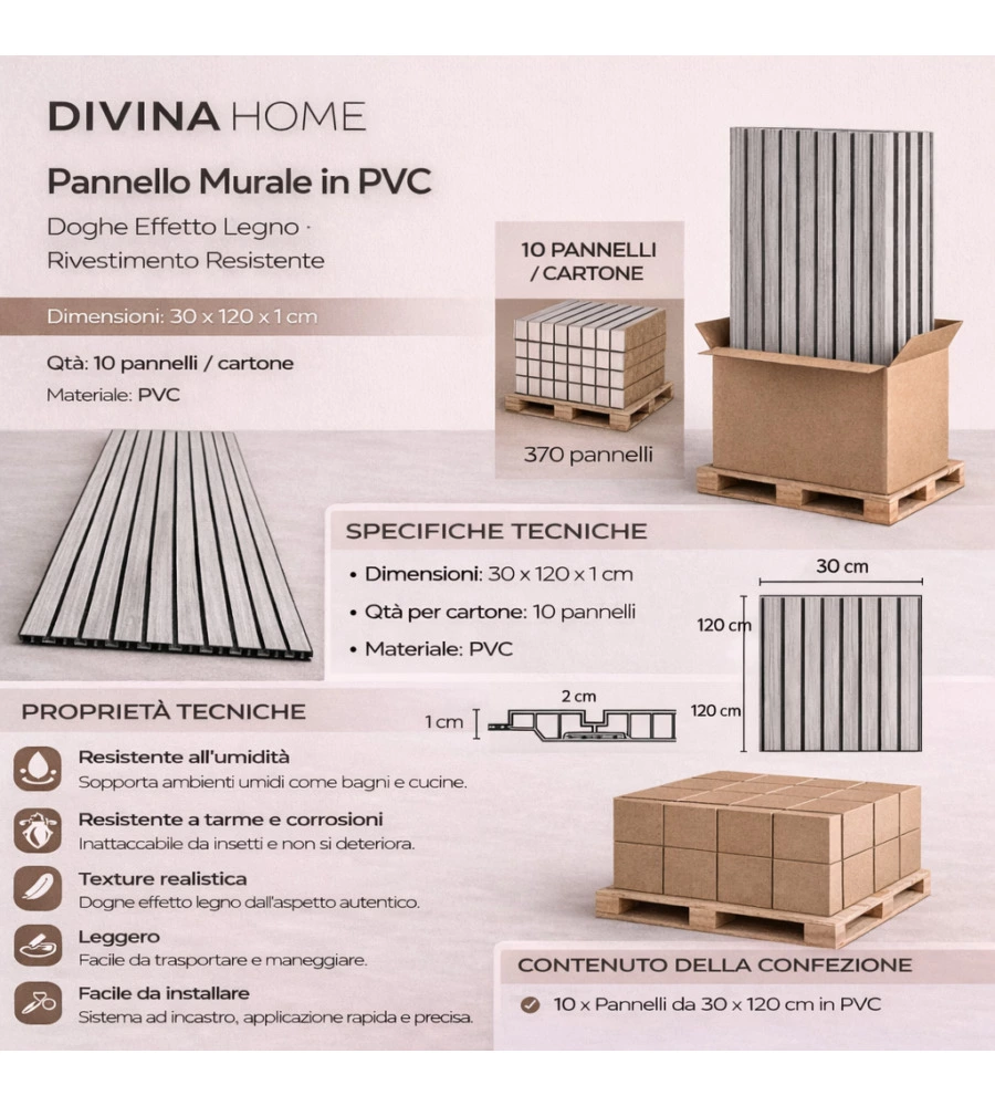 Rivestimento murale decorativo Divina Home effetto legno rovere 30x1x120 cm
