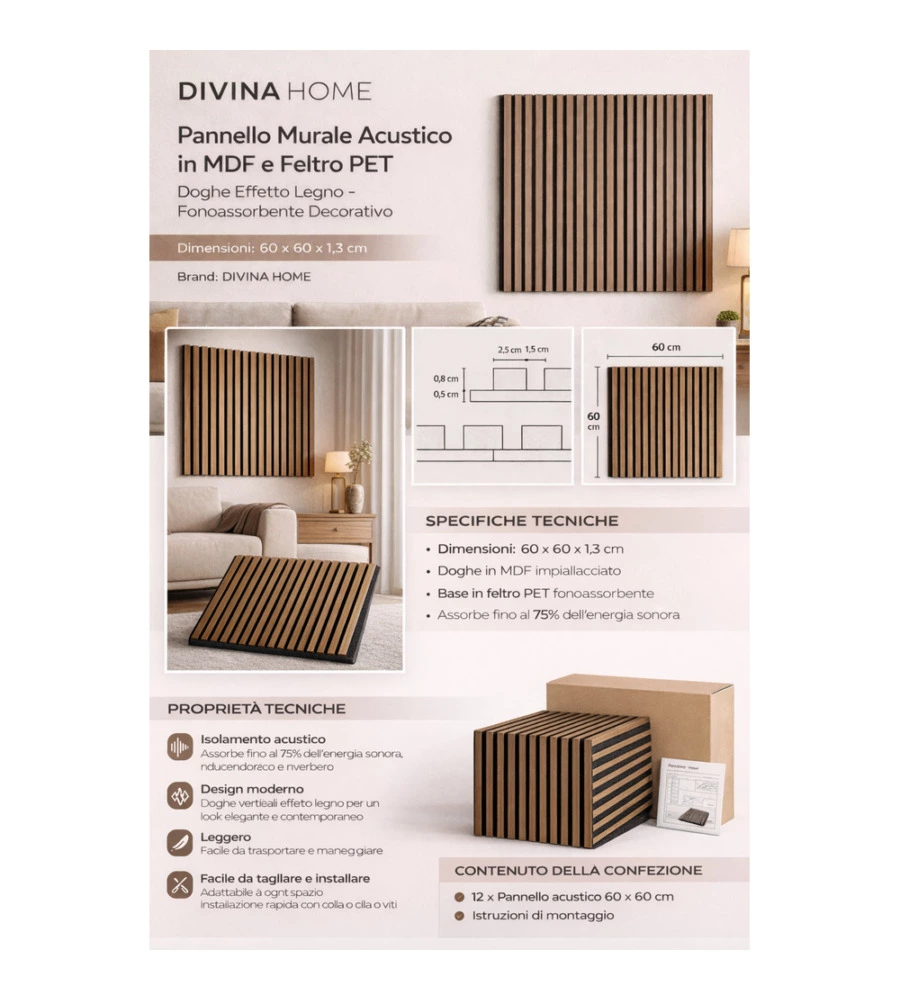 Rivestimento murale fonoassorbente Divina Home effetto legno rovere 60x1,3x60 cm 12 pezzi