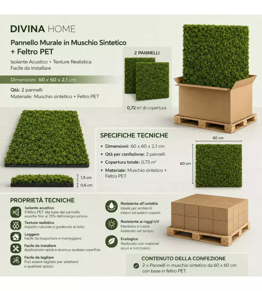 Rivestimento murale fonoassorbente Divina Home in muschio sintetico verde 60x2,1x60 cm 2 pezzi