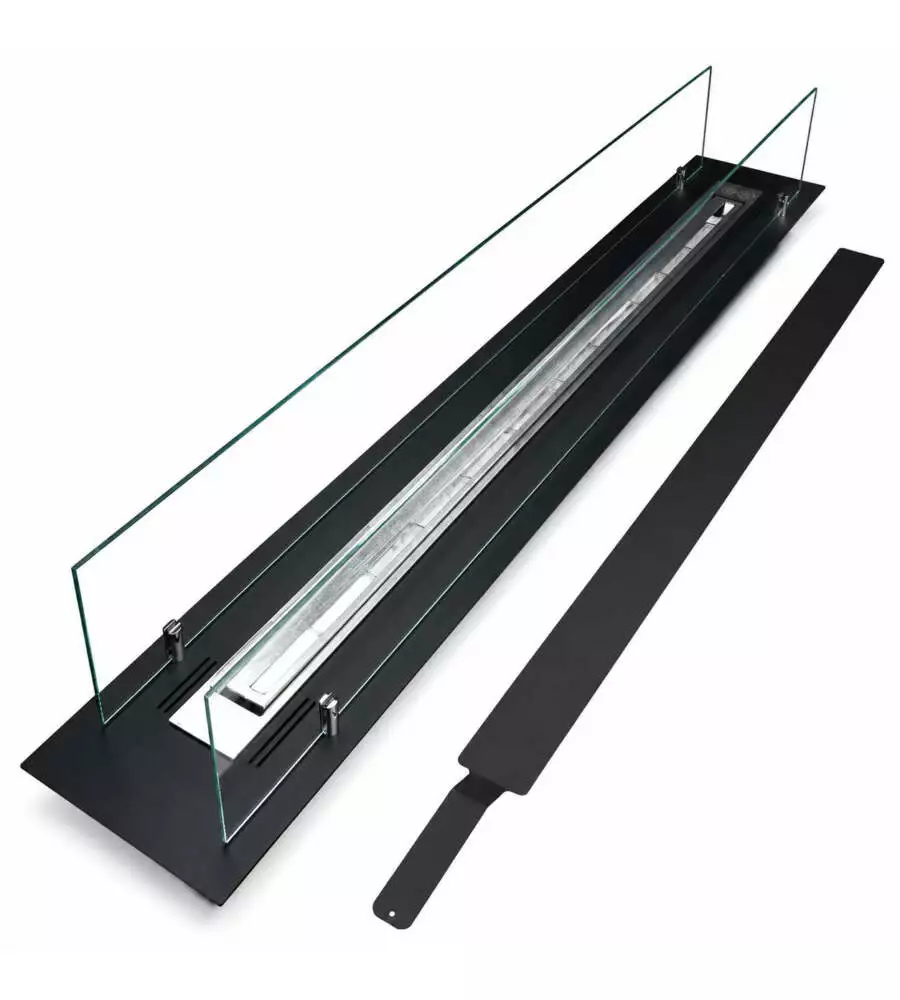 Bruciatore per camino bioetanolo Divina Fire in acciaio inox e vetro nero 119x19,4x21 cm