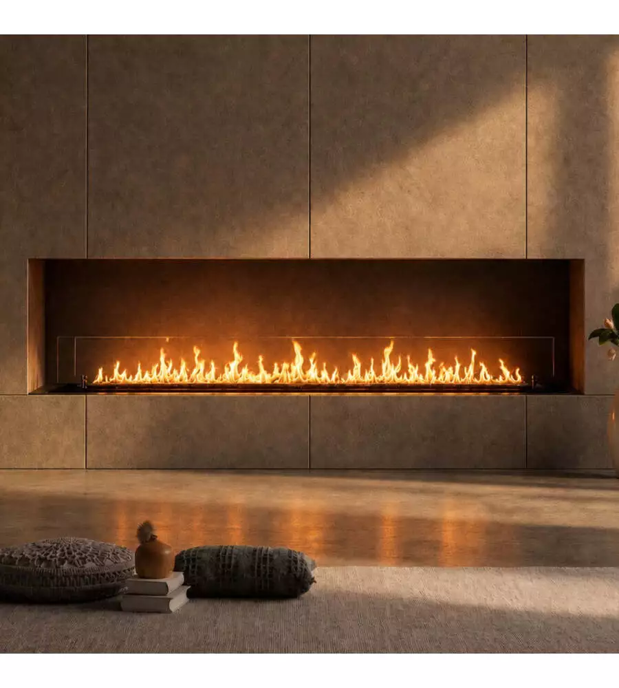 Bruciatore per camino bioetanolo Divina Fire in acciaio inox e vetro nero 148x19,4x21 cm