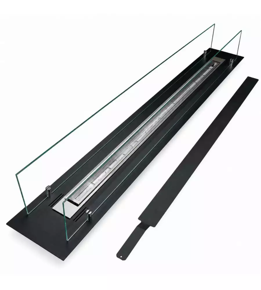 Bruciatore per camino bioetanolo Divina Fire in acciaio inox e vetro nero 148x19,4x21 cm