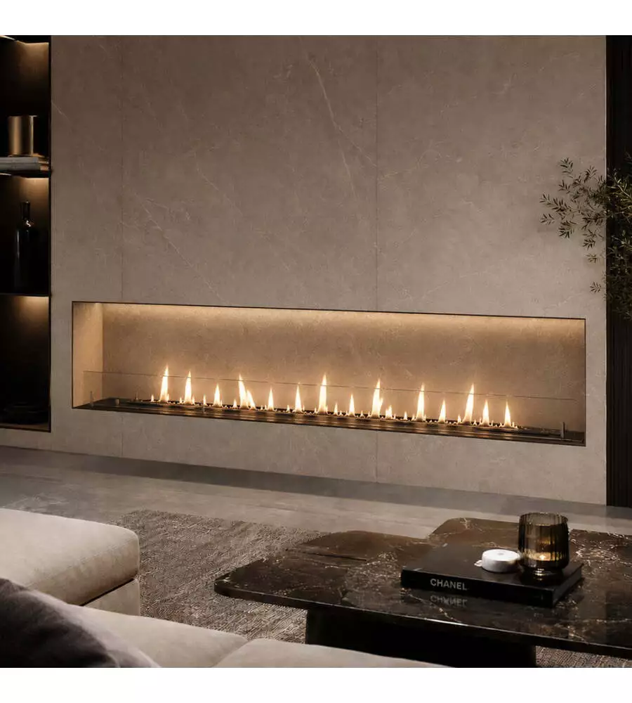 Bruciatore per camino bioetanolo Divina Fire in acciaio inox e vetro nero 120x25x21 cm