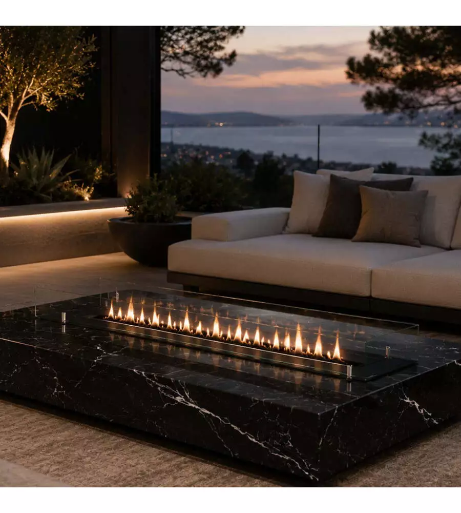 Bruciatore per camino bioetanolo Divina Fire in acciaio inox e vetro nero 120x25x21 cm