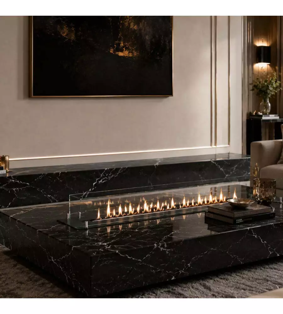 Bruciatore per camino bioetanolo Divina Fire in acciaio inox e vetro nero 150x25x21 cm
