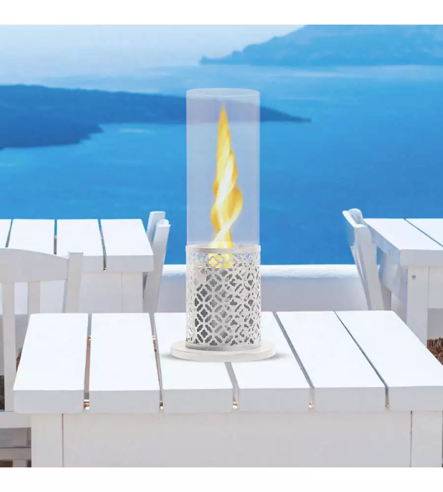 Camino bioetanolo da tavolo per interno esterno Divina Fire "Tolosa" in acciaio bianco Ø20x49,5 cm
