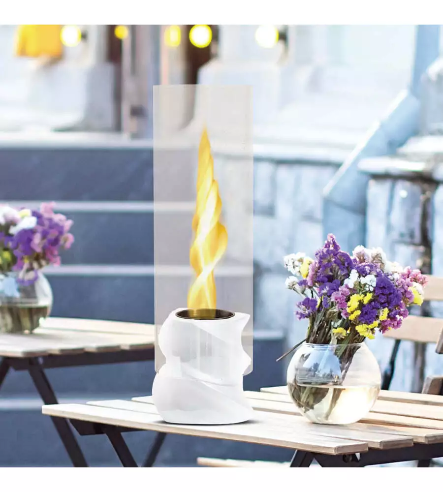 Camino bioetanolo da tavolo per interno esterno Divina Fire "Nizza" in acciaio bianco Ø14,5x46,5 cm