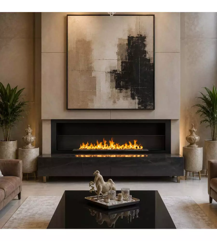 Camino bioetanolo da incasso Divina Fire "Furore" in acciaio nero 150x15x45 cm
