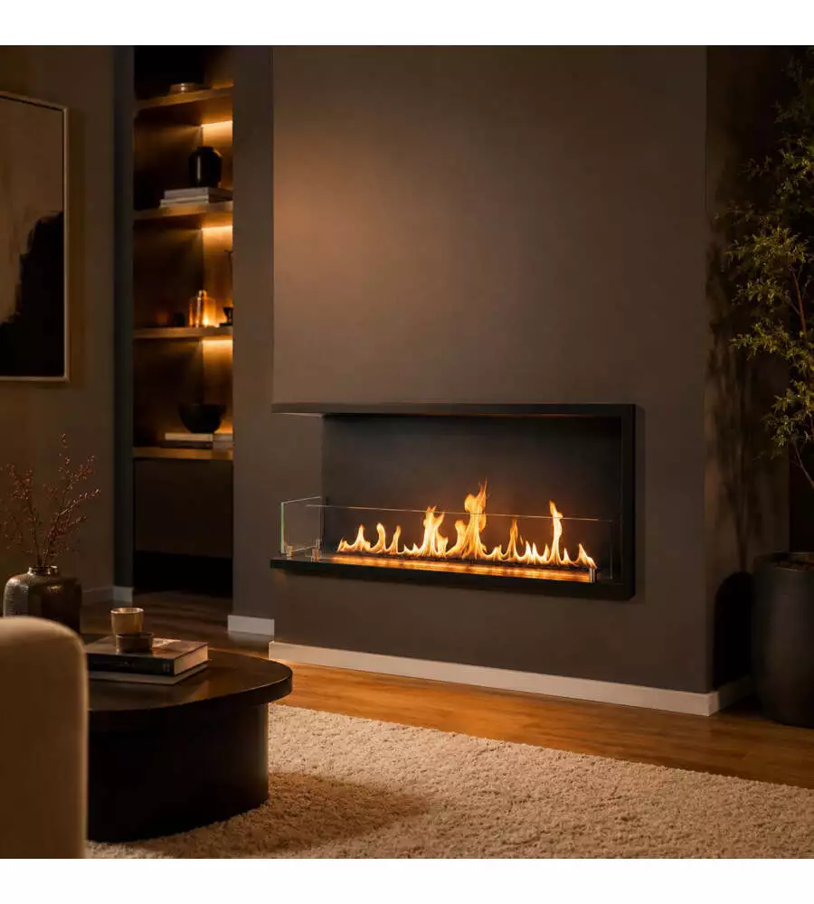 Camino bioetanolo da incasso ad angolo Divina Fire "Urano" in acciaio nero apertura sinistra 120x30x50 cm