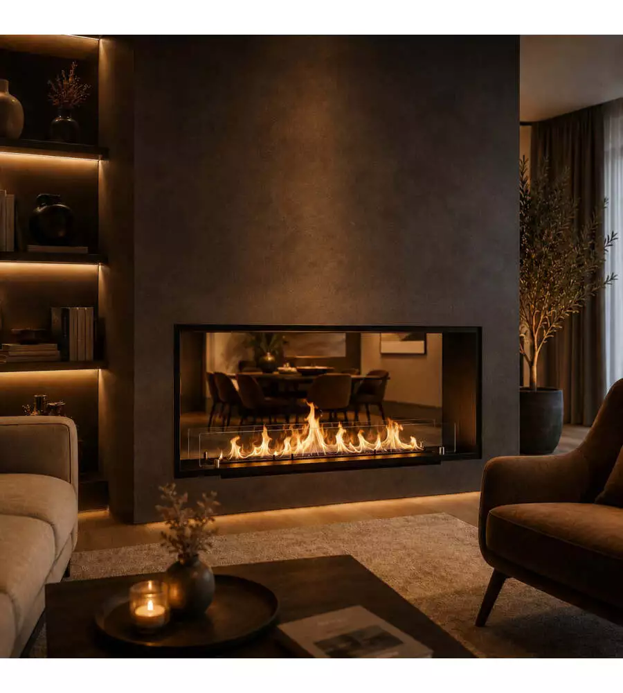 Camino bioetanolo da incasso bifacciale Divina Fire "Venere" in acciaio nero 120x30x50 cm