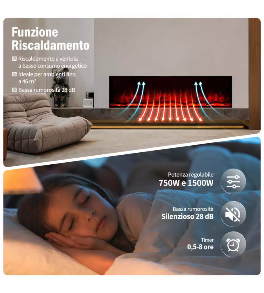 Camino elettrico da incasso Divina Fire "Filadelfia" in acciaio nero 152x24x52 cm