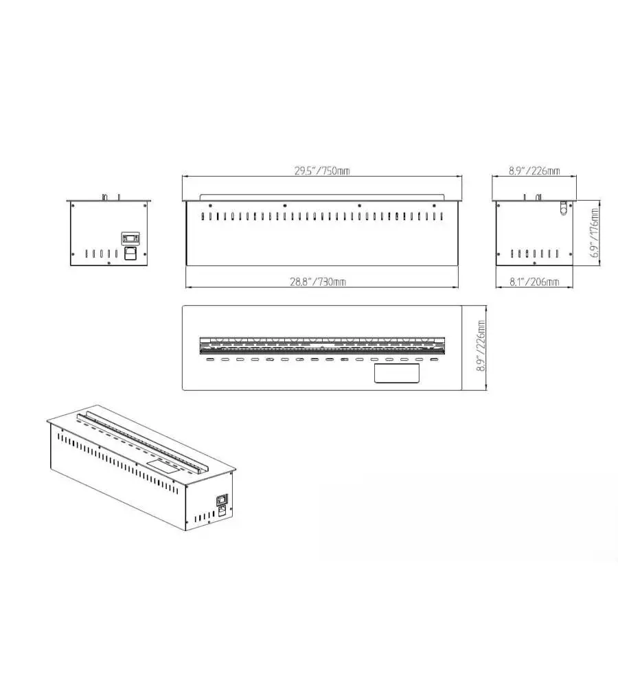 Camino elettrico a vapore acqueo Divina Fire "Vapor3D75" in acciaio grigio 75x22,7x17,8 cm
