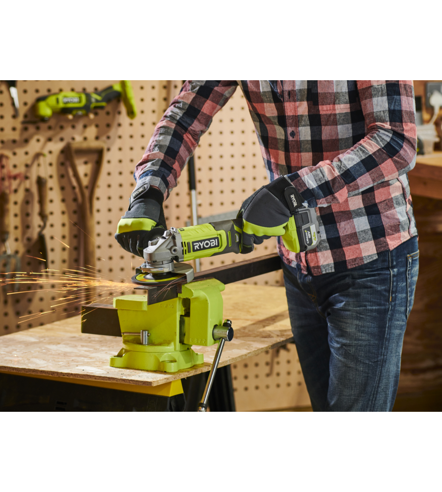 Kit valigetta trapano a percussione, sega circolare, levigatrice orbitale e smerigliatrice angolare Ryobi "RPD18 + R18CSP + RPS18 + RAG18125" 2 batterie 18V 2Ah/5Ah