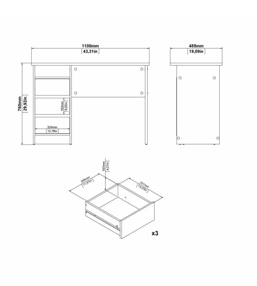 Scrivania con 3 cassetti beige 110x48,5x76 cm