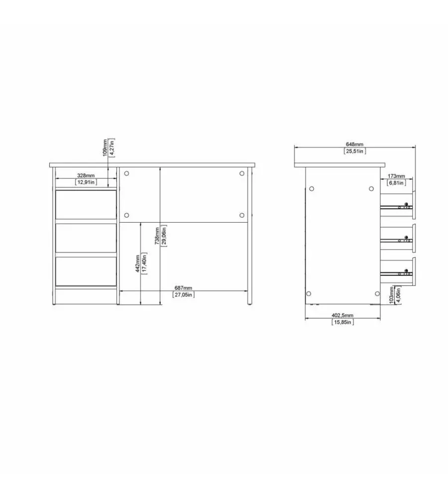 Scrivania con 3 cassetti beige 110x48,5x76 cm