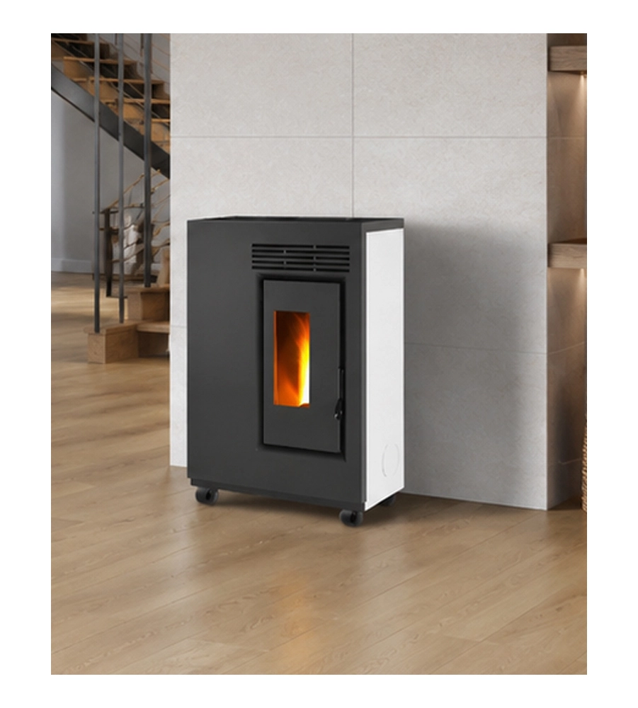Stufa a pellet ventilata slim Caris "Fiore" bianco con kit ruote 5,0 kW
