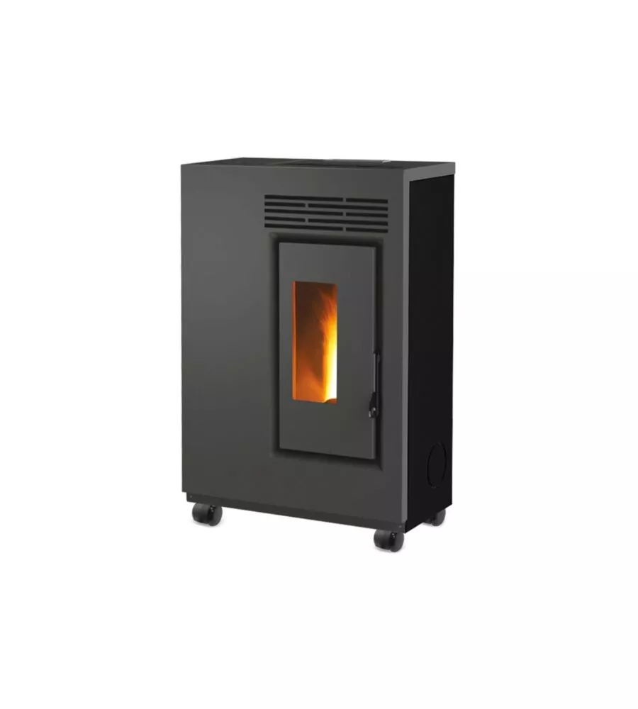 Stufa a pellet ventilata slim Caris "Fiore" nero con kit ruote 5,0 kW