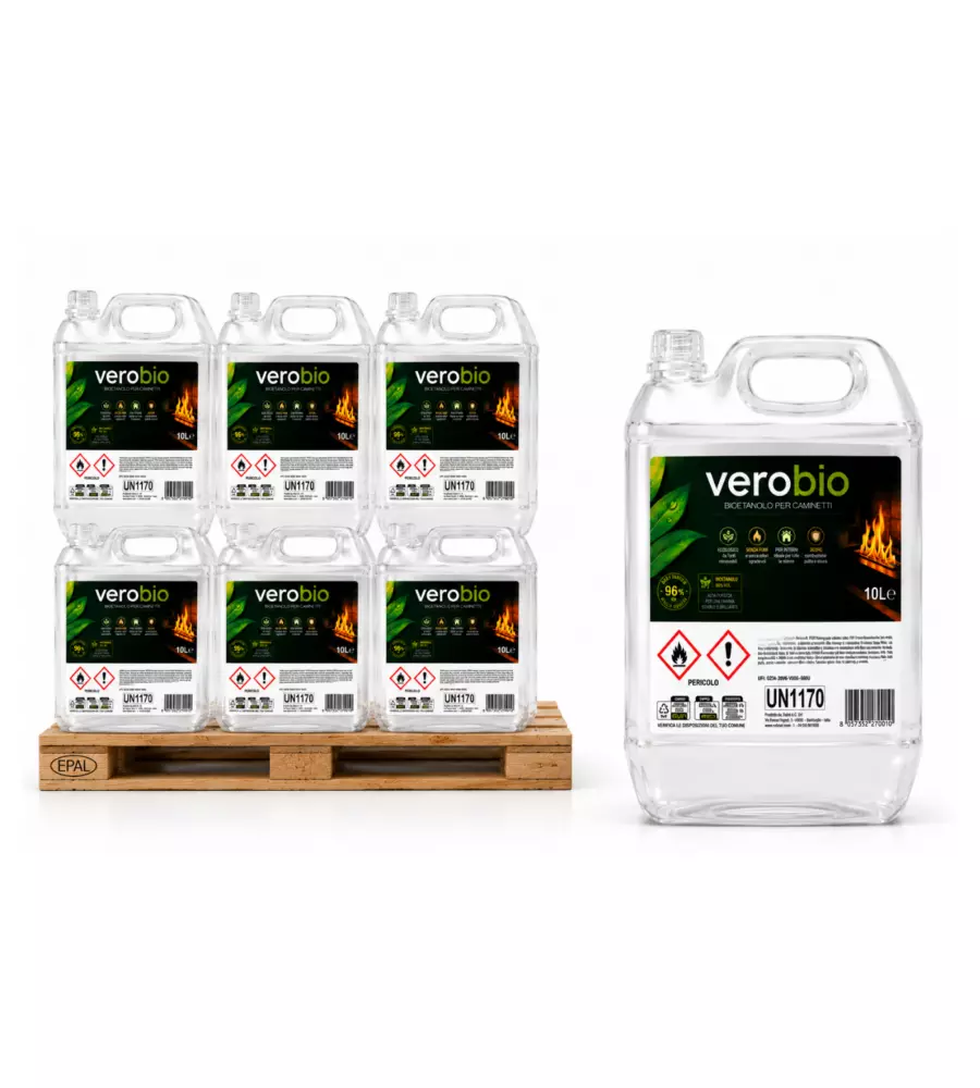Bancale 6 taniche da 10 L Bioetanolo Verobio per caminetti e biocamini