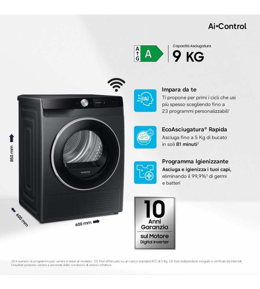 Asciugatrice a pompa di calore Samsung "Series 6 DV90DG6845LB" carico 9 kg classe energetica A