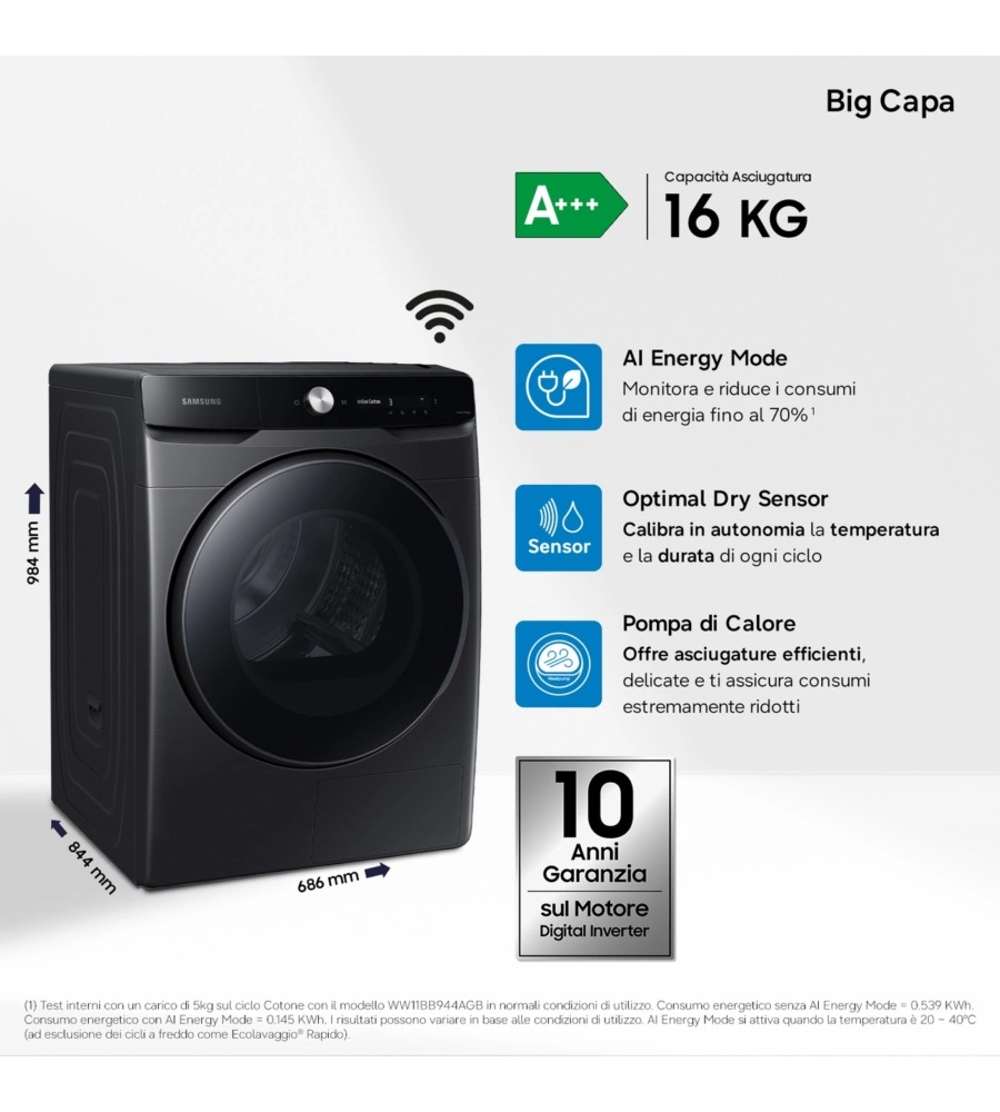 Asciugatrice a pompa di calore Samsung "DV16DG8600BVU3" carico 16 kg classe energetica C