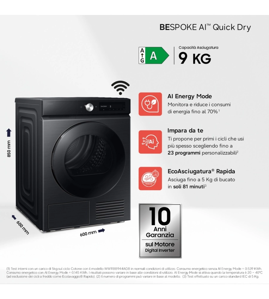 Asciugatrice a pompa di calore Samsung "DV90DB7845GBU3" carico 9 kg classe energetica A