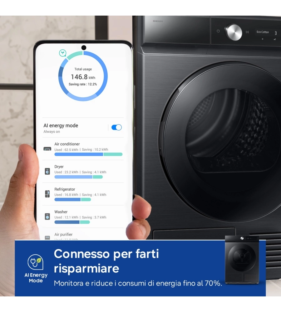 Asciugatrice a pompa di calore Samsung "DV90DB7845GBU3" carico 9 kg classe energetica A