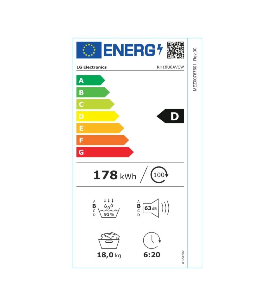 Asciugatrice a pompa di calore LG "RH18U8AVCW" carico 18 kg classe energetica D