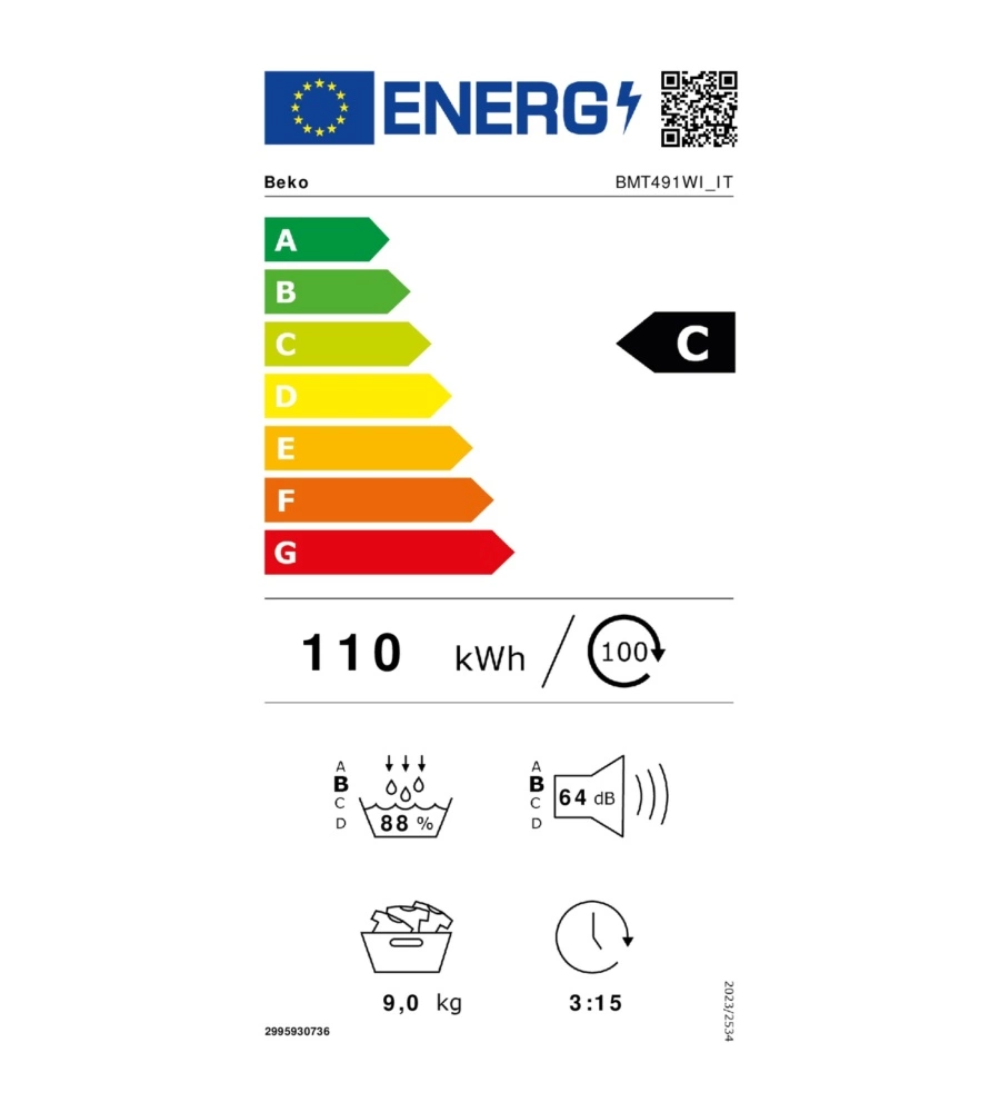 Asciugatrice a pompa di calore Beko "BMT491WI_IT" carico 9 kg classe energetica C