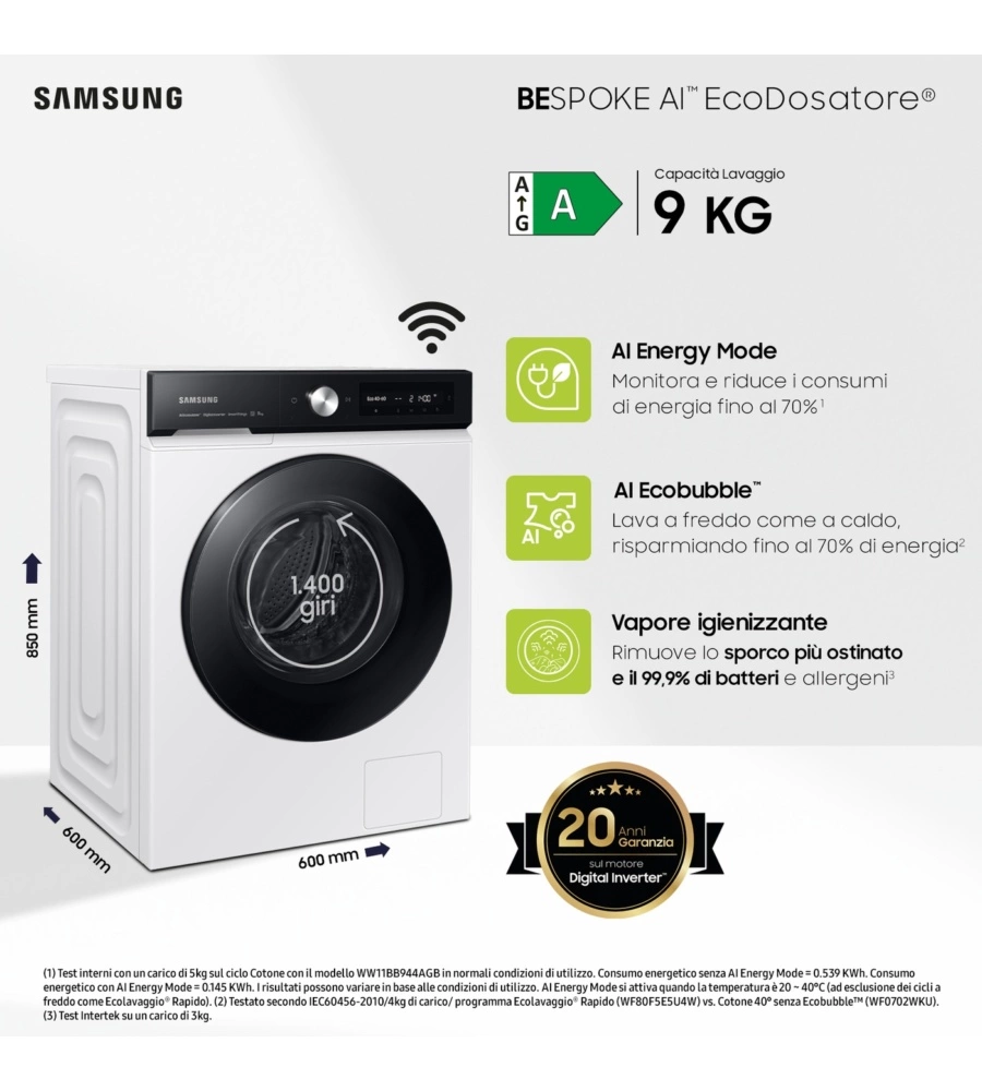 Lavatrice Samsung "WW90DB7U94GEU3" carico 9 kg classe energetica A