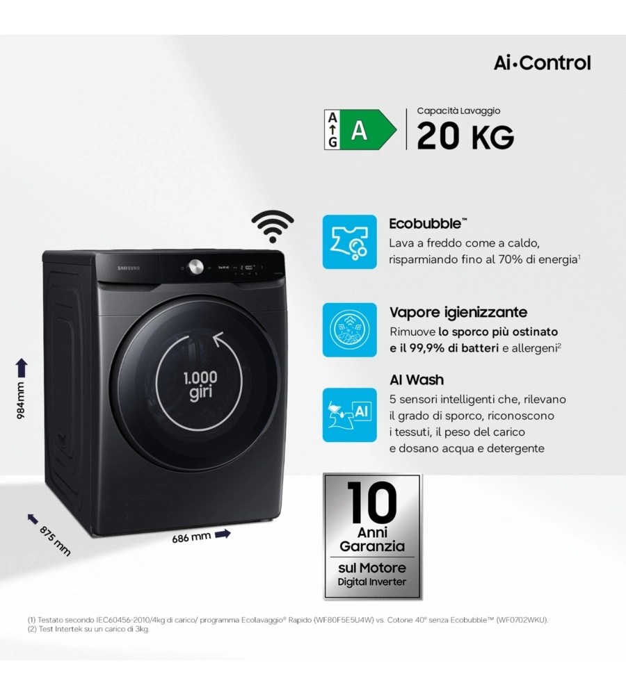 Lavatrice Samsung "WF20DG8650BV" carico 20 kg classe energetica A