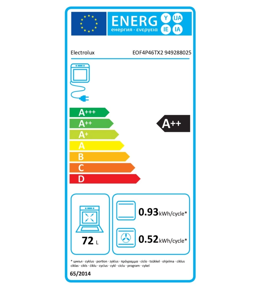 Forno elettrico da incasso Electrolux "EOF4P46TX2" 72 litri  classe energetica A++