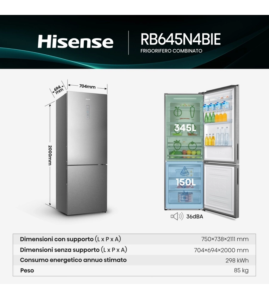 Frigorifero Combinato Hisense "RB64N4BIE" grigio 70x69,4x200 cm classe energetica E