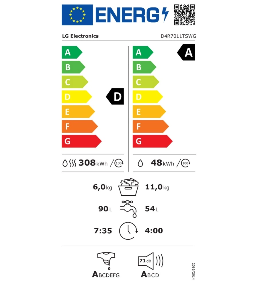 Lavasciuga LG "D4R7011TSWG" carico 11 + 6 kg con wi-fi classe energetica D
