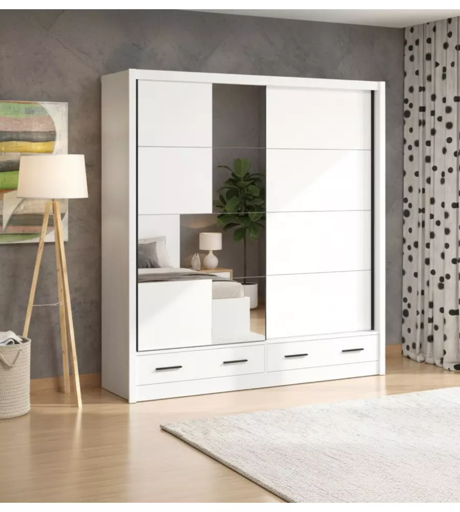 Armadio scorrevole "Alba" con specchio e cassetti bianco 205x60x215 cm