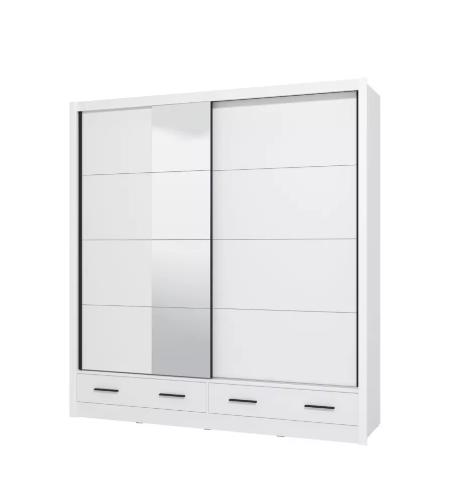 Armadio scorrevole "Alba" con specchio e cassetti bianco 205x60x215 cm